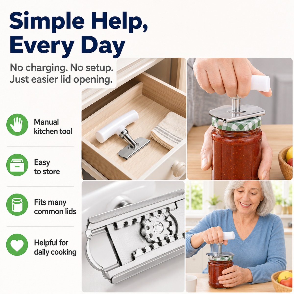 ⚡Adjustable Jar Opener for Seniors with Arthritis – Stainless Steel Easy-Grip Lid Opener for Weak Hands, Fits 1–4 Inch Lids
