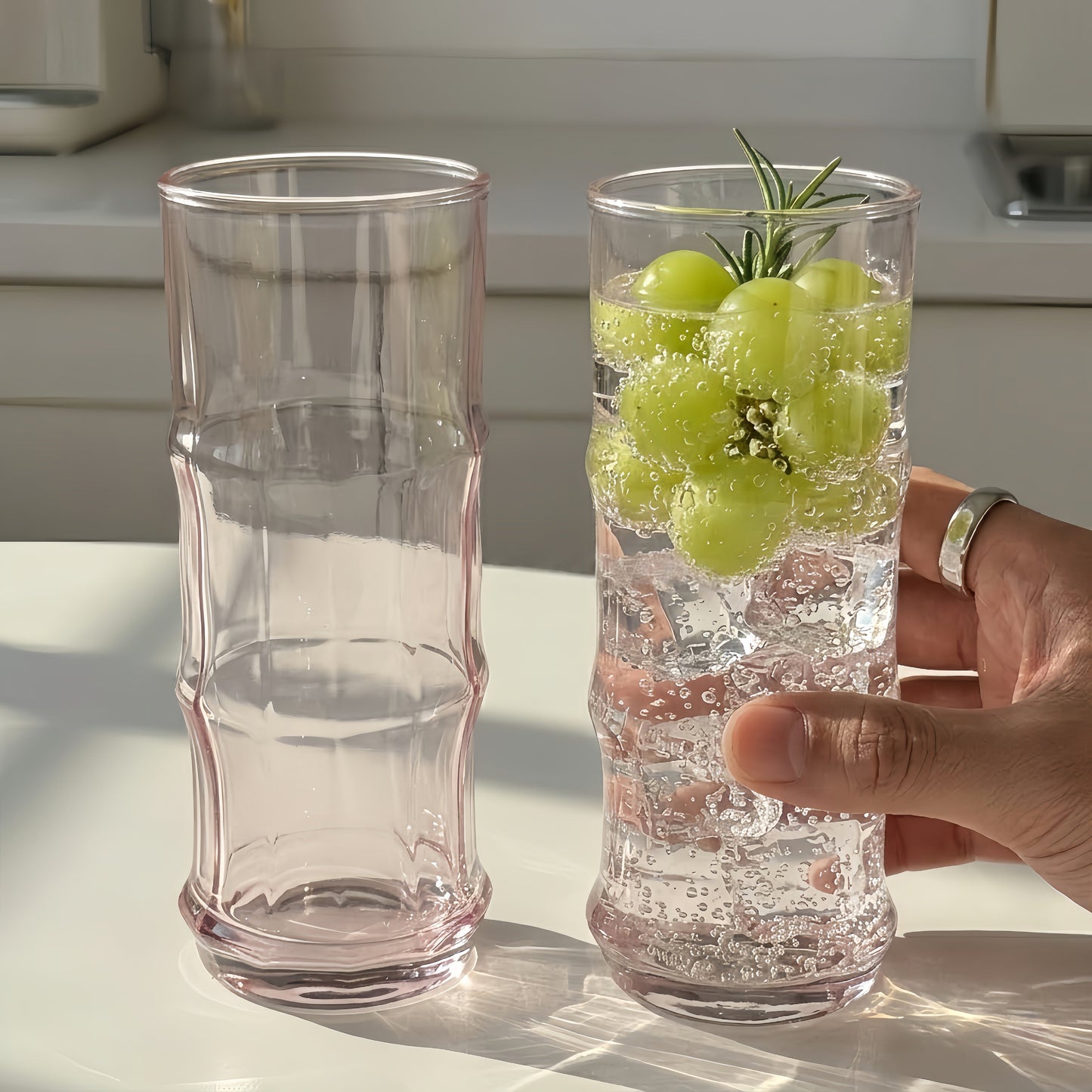 Pink Bamboo-Joint Aesthetic Glass Cup