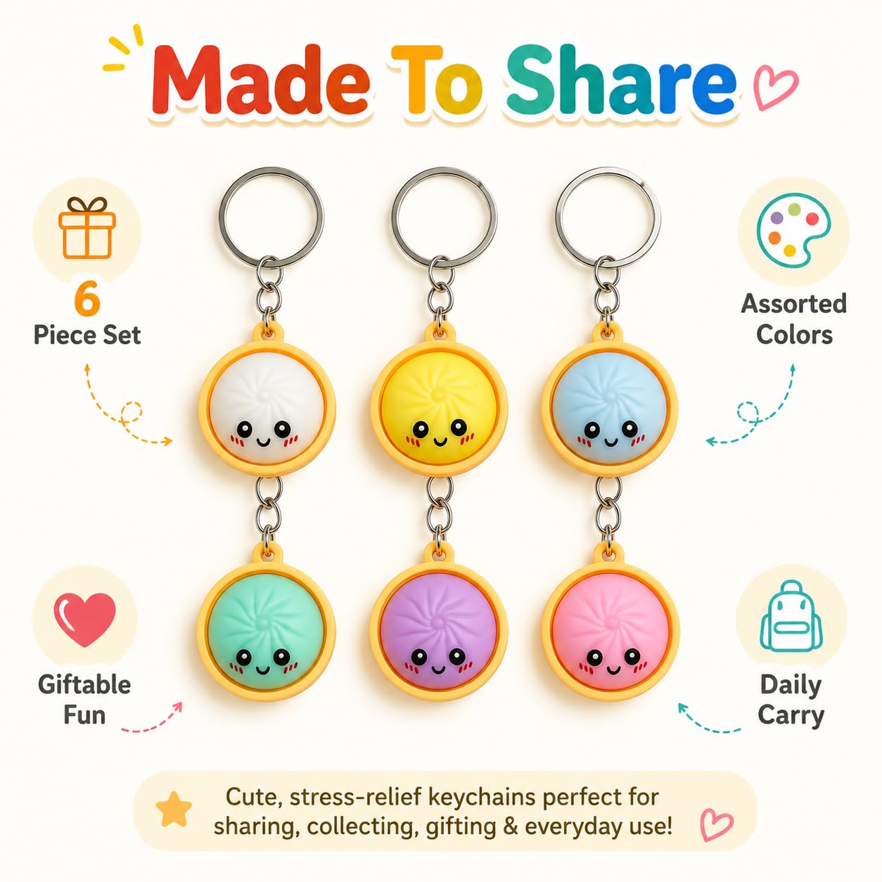 Cute Dumpling Pressable Squishies Fidget Keychain - PVC Food-Shaped Bag Charm, Wear-Resistant Fidget Toy, Mini Unique Gift for Kids, Party Bags & Gifts Supplies, Bag Charms,sohochic