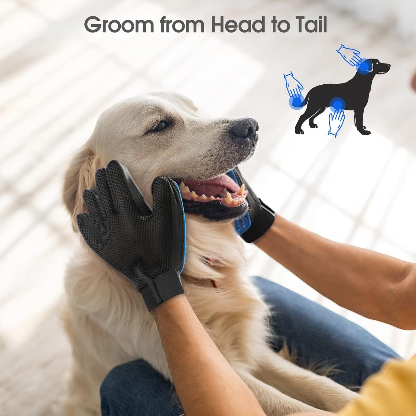 Pet Hair Removal Glove with 255 Silicone Tips for Dogs & Cats, Right Blue | 2-in-1 Deshedding & Massage Mitt, 5-Finger Flexible Design, for Bathing & Grooming, Safe for Long/Short/Curly Hair Pets