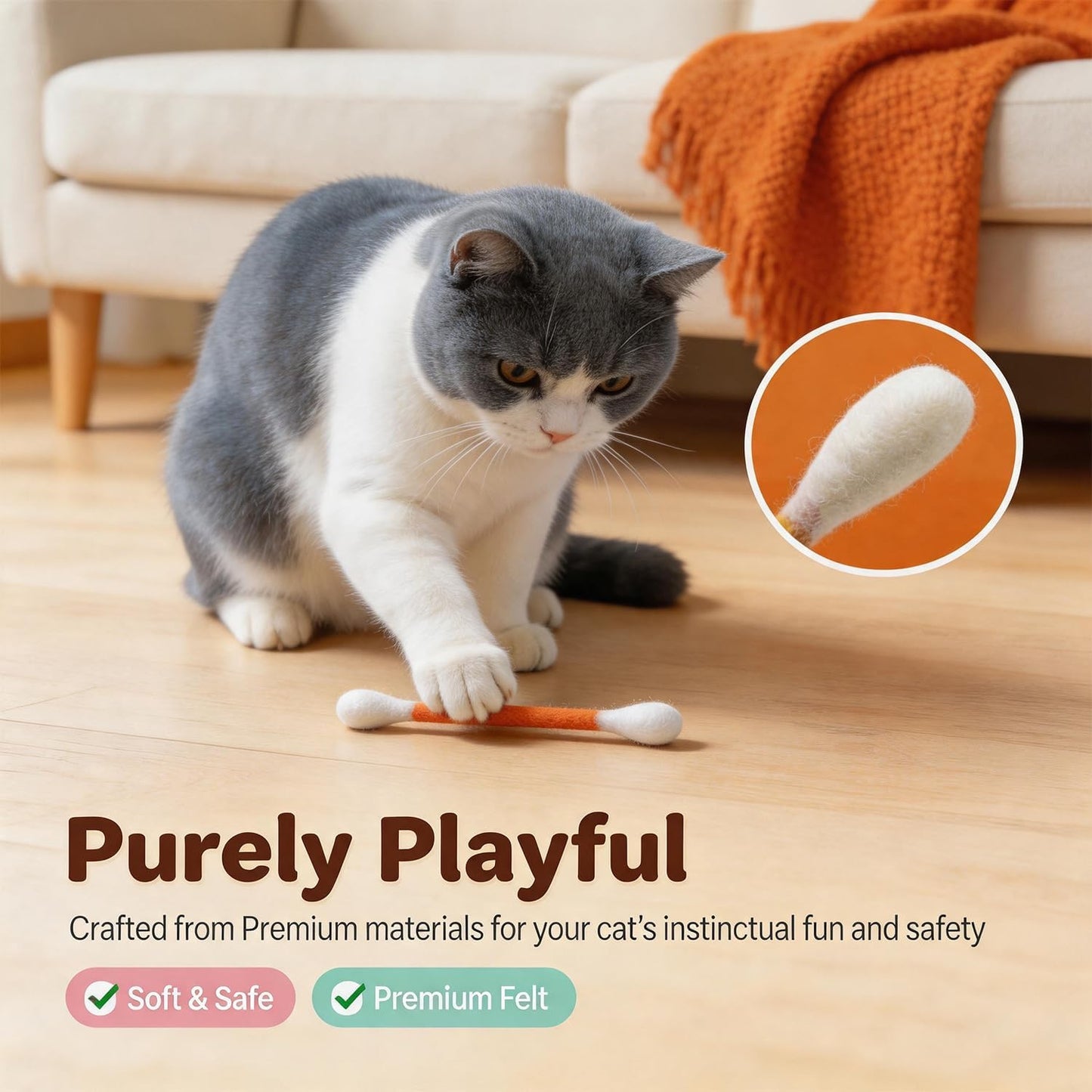 Swabs Cat Toys with Catnip, Giant Qtip Chew Sticks & Teething Ropes for Boredom Relief, Durable Interactive Felt Kitty Kicker Toy for Exercise.