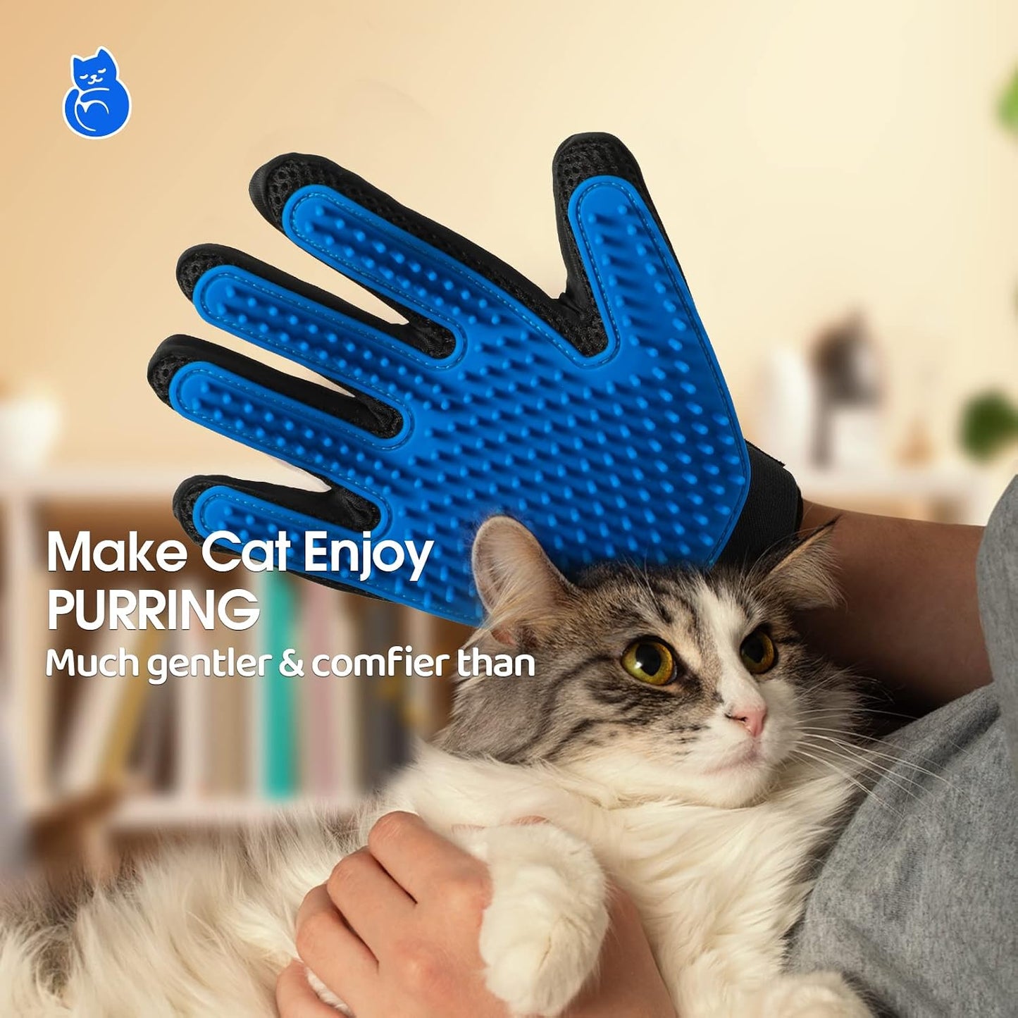 Pet Hair Removal Glove with 255 Silicone Tips for Dogs & Cats, Right Blue | 2-in-1 Deshedding & Massage Mitt, 5-Finger Flexible Design, for Bathing & Grooming, Safe for Long/Short/Curly Hair Pets
