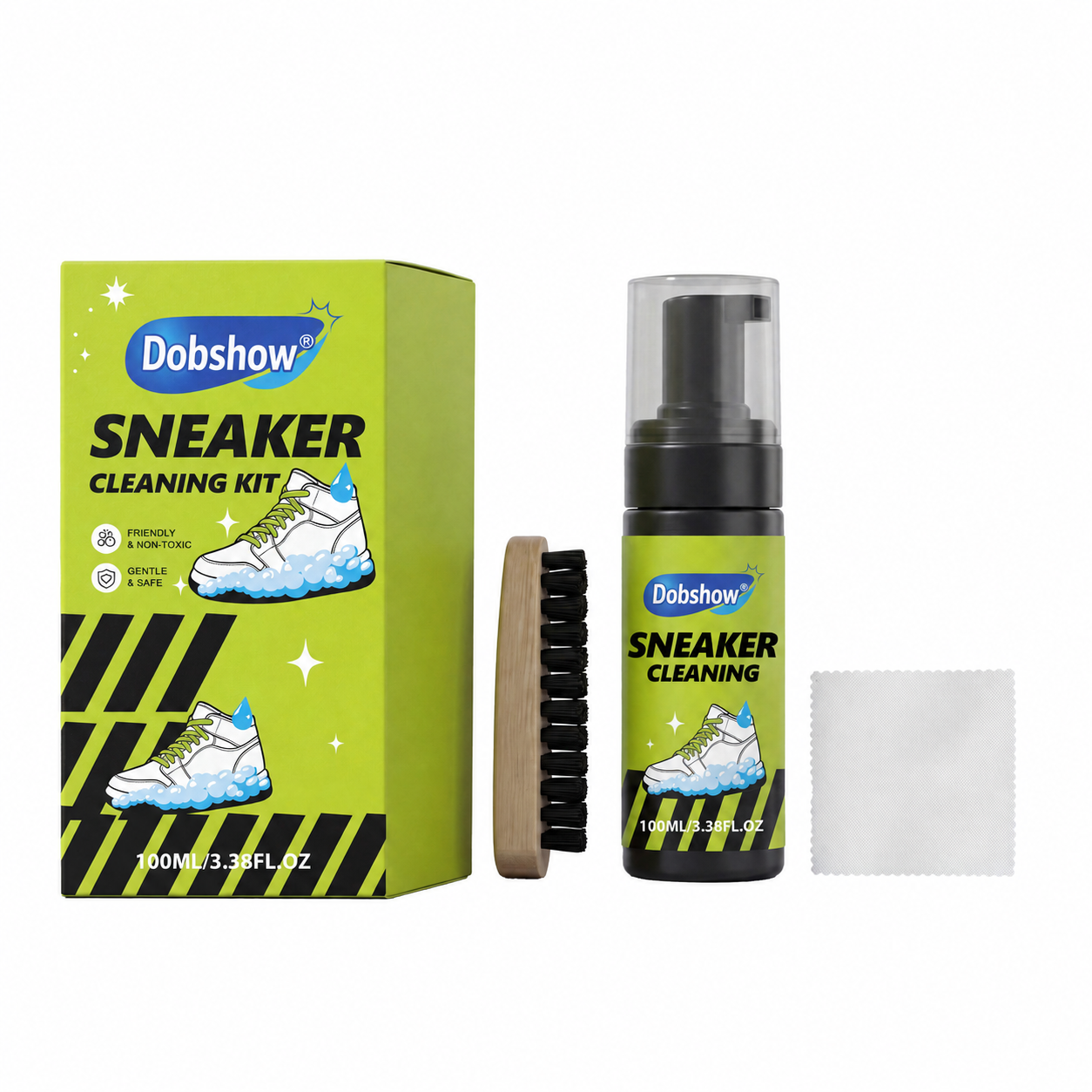 Sneaker Cleaning Kit Premium Foam Shoe Cleaner for White Shoes, PU & Synthetic Leather, Canvas, Mesh & Rubber Gentle, Non-Bleach Formula with Brush, Microfiber Towel & Cleaning Wipe 100ml