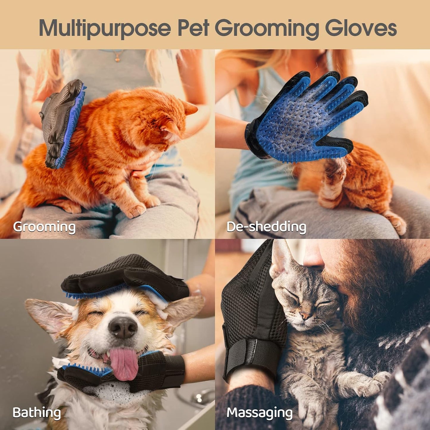 Pet Hair Removal Glove with 255 Silicone Tips for Dogs & Cats, Right Blue | 2-in-1 Deshedding & Massage Mitt, 5-Finger Flexible Design, for Bathing & Grooming, Safe for Long/Short/Curly Hair Pets